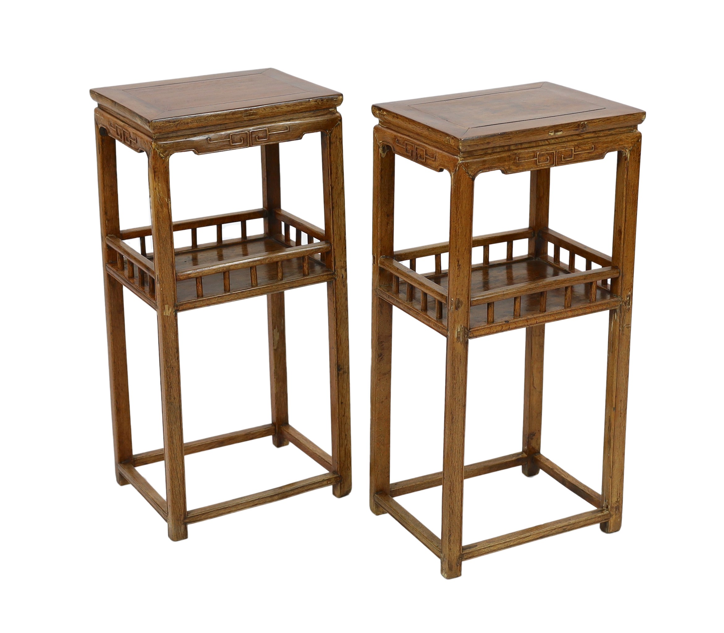 A pair of Chinese elm incense stands, 19th century, 39cm wide, 83.5cm high, 30cm deep